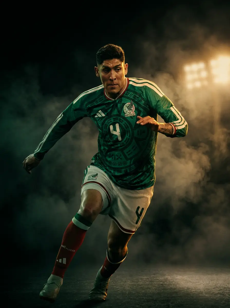 Camiseta oficial de México 2026 iluminada con luz dorada en un estadio